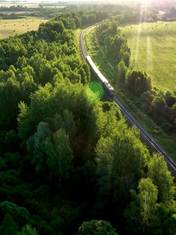 Train travelling through green countryside. 