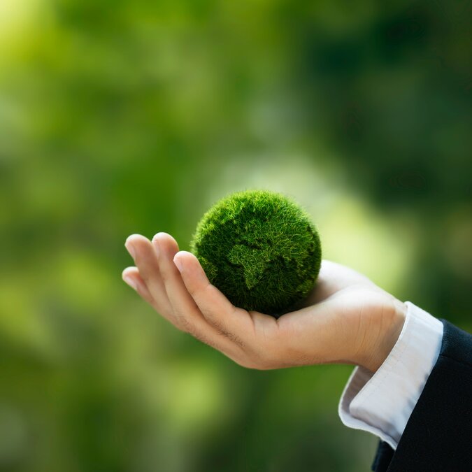 One hand holding a green globe