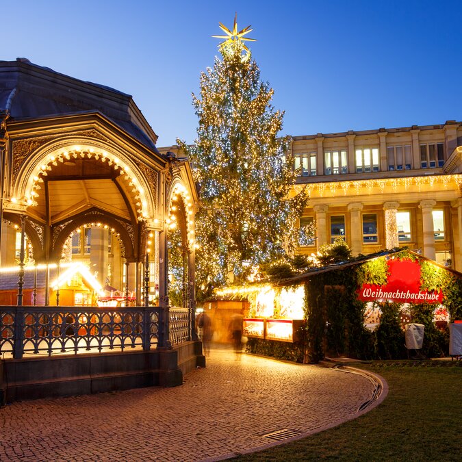 Blick auf beleuchtete Gebäude und einen Weihnachtsbaum am Schlossplatz in Stuttgart | © shutterstock / 1564585312