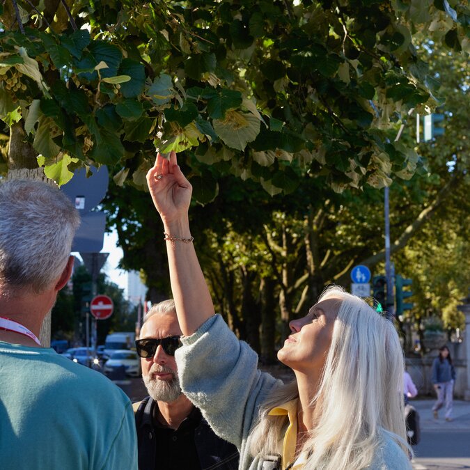Personnes sous un arbre lors d'une visite guidée de la ville de Düsseldorf.  | © Düsseldorf Tourismus GmbH, Foto: Sabrina Weniger