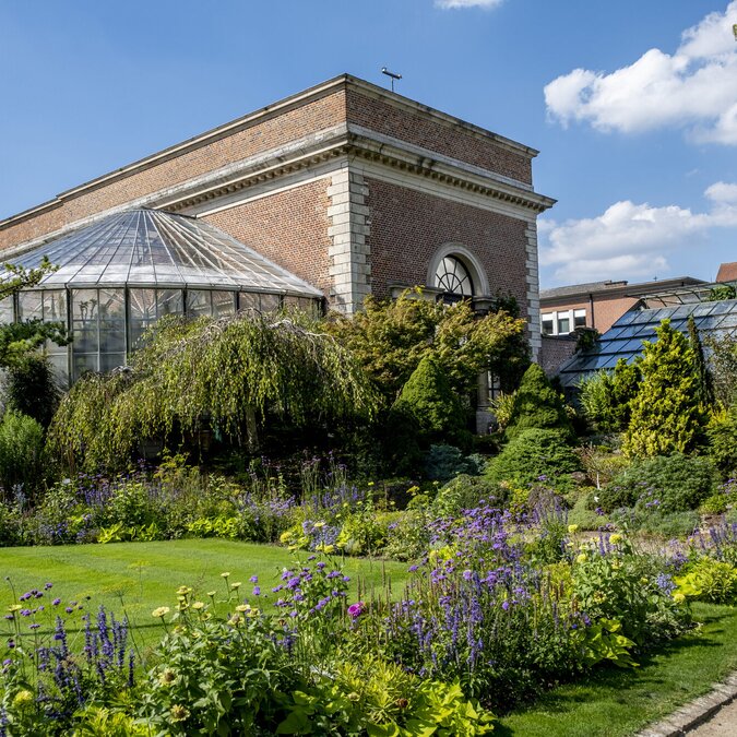 Jardin botanique en fleurs à Louvain, avec ses parterres soignés, ses espaces verts et sa serre historique en briques et en verre, par temps ensoleillé. | © Stad Leuven, Jan Crab