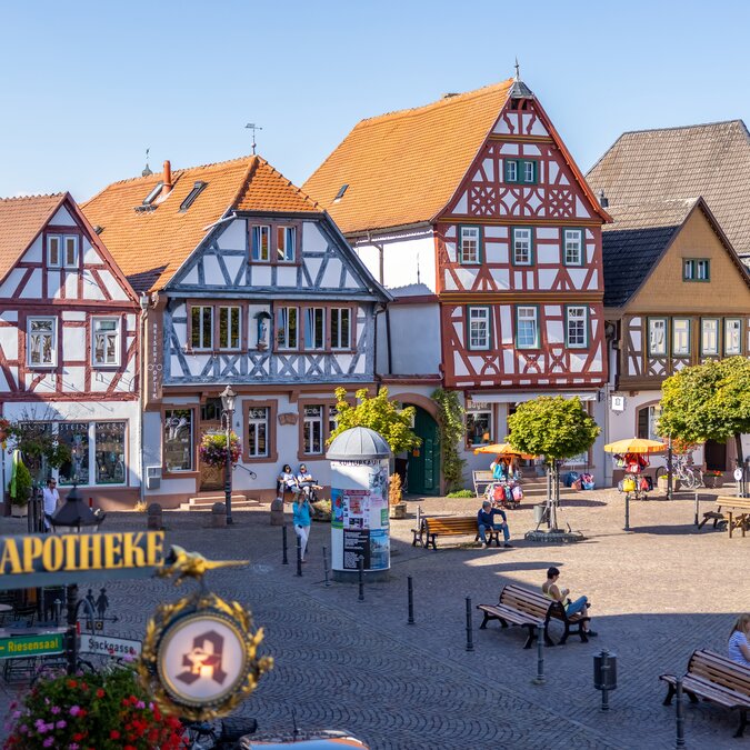 Blick auf den Marktplatz von Seligenstadt mit historischen Fachwerkhäusern, orangefarbenen Dächern und kleinen Bäumen; Menschen sitzen auf Bänken und an Tischen auf dem gepflasterten Platz bei sonnigem Wetter. | © #visitrheinmain | David Vasicek