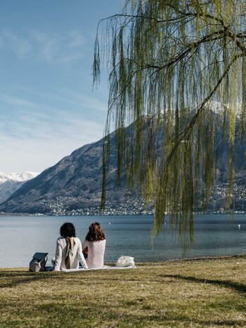 Zwei Personen sitzen am Lungolago in Locarno unter einer Weide und geniessen den Blick auf den Lago Maggiore und die umliegenden Berge. | ©  Switzerland Tourism-Silvano Zeiter