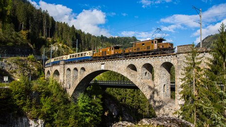 Der Glacier Pullmann Express mit einer braunen Lokomotive und weiss-blauen Wagen fährt über eine Brücke mitten im Wald, dahinter die Berge und ein blauer Himmel. | © Rhätische Bahn 