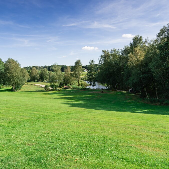 Weite Wiese mit Bäumen und kleinem Teich.
 | © shutterstock_749309494