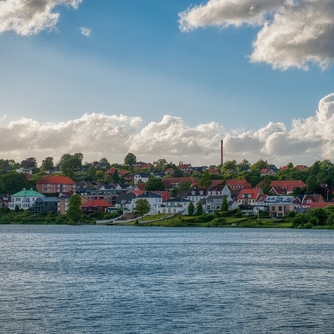 Vue sur le fjord de Kolding au Danemark, où le Lyshøj Fjordbad, avec son long ponton en bois, invite les visiteurs à se baigner et à prendre le soleil. | © Shutterstock / 2523433317