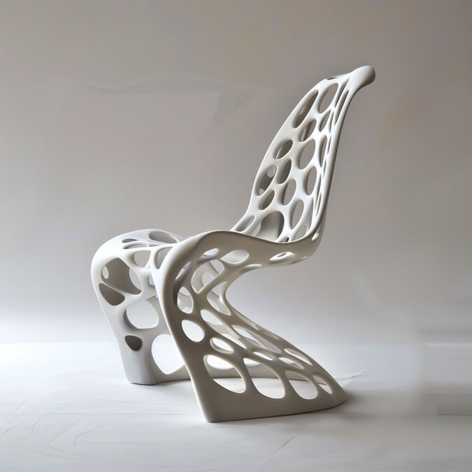 An elegant and futuristic chair in a sculptural design with a white, perforated structure. | © Shutterstock 2462695971