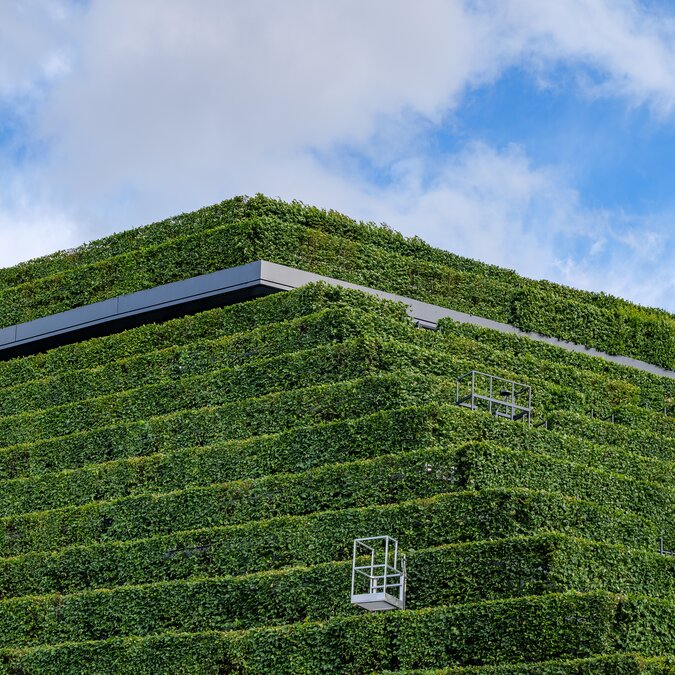 Close-up of the green sustainable façade with a step plant wall covering the building at Kö-Bogen 2 in Düsseldorf against a blue sky. Architecture, geometry, green background | © Shutterstock 1758548354