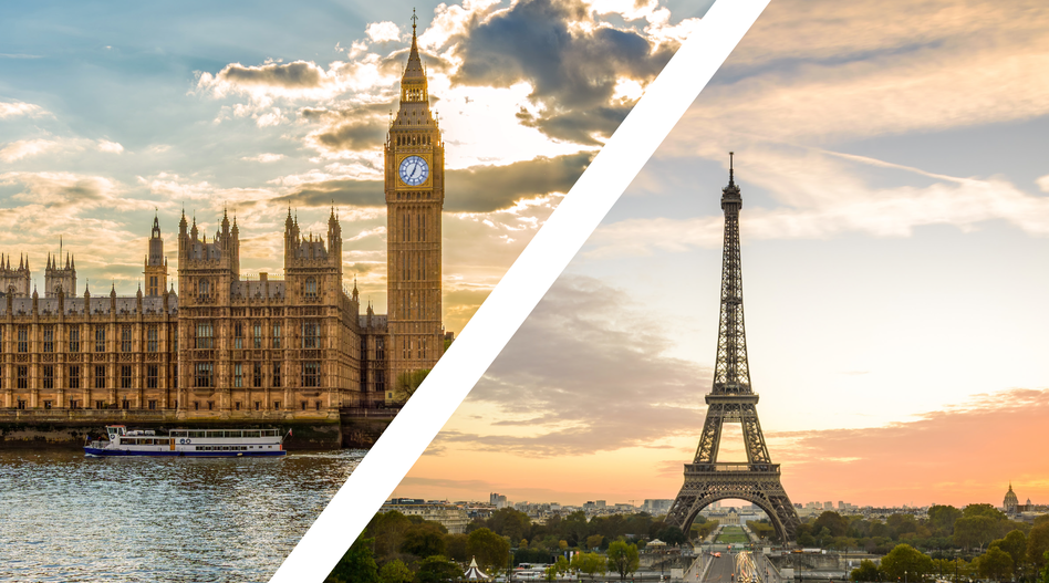 Geteiltes Bild von London und Paris mit dem Big Ben und dem Eiffelturm bei Sonnenuntergang. | © shutterstock // 1205937088 & 2485849983