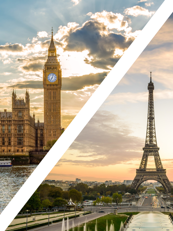 Geteiltes Bild von London und Paris mit dem Big Ben und dem Eiffelturm bei Sonnenuntergang. | © shutterstock // 1205937088 & 2485849983