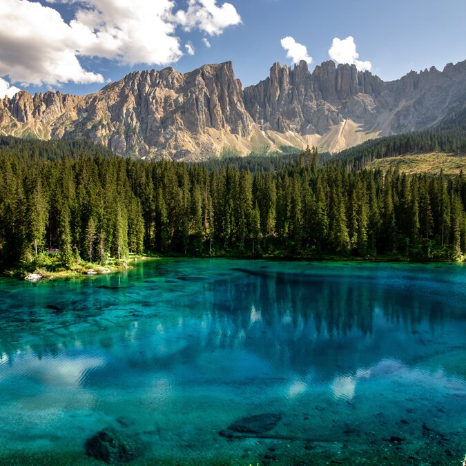 Lac d'un bleu profond dans le Tyrol du Sud devant une rive boisée et les Dolomites en arrière-plan | © shutterstock / 2443479095